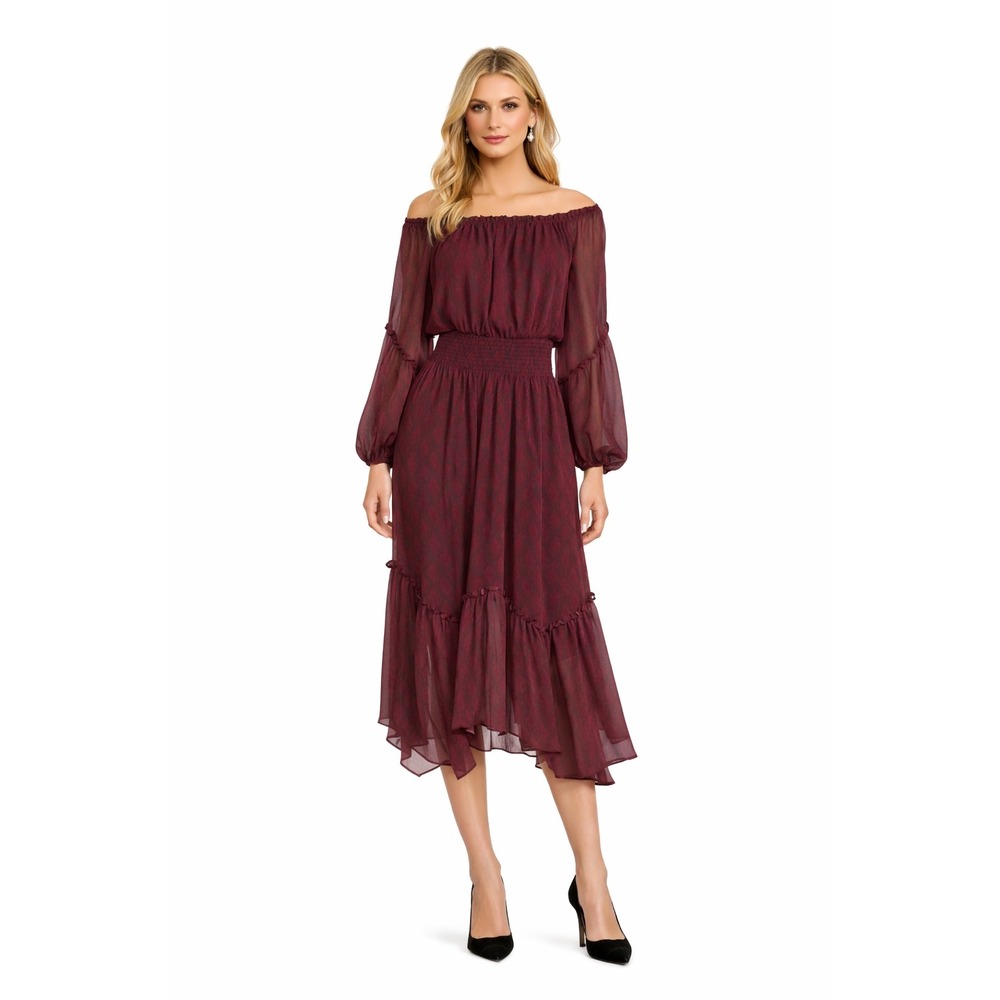 Ramy Brook Danna Smocked Waist Chiffon Midi Dress Small‎ NWT